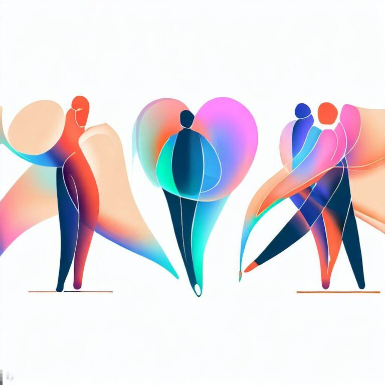 An illustration of 3 people in different poses, each with a different colored heart, overlapping and intersecting.