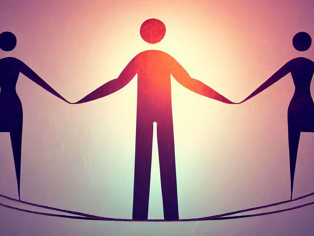 Create an image of a person holding hands with multiple partners while standing on a tightrope, symbolizing the balancing act and trust required in a polyamorous relationship in a monogamous world.