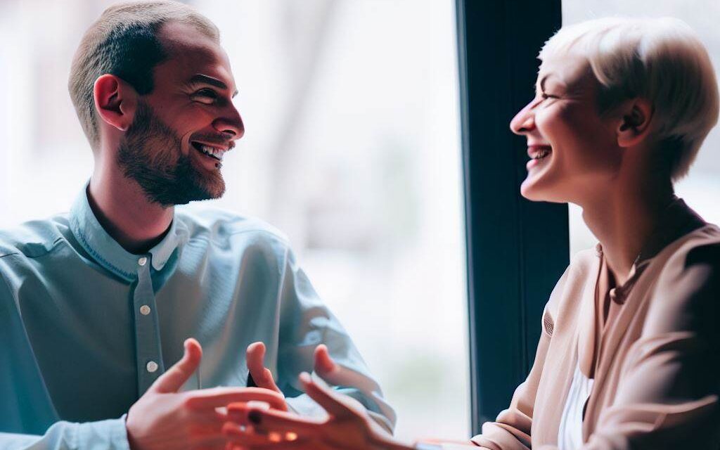 two individuals sitting across from each other at a table, with open and relaxed body language. They are both smiling and nodding as they engage in a calm and respectful conversation.