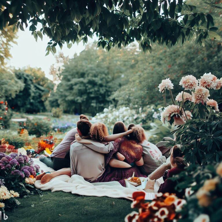 A polyamorous family having a picnic in a beautiful, lush park. The mood is light-hearted and peaceful, filled with love and affection. The family consists of people of different genders and orientations, cuddled up on a large blanket, surrounded by flowers and trees. A photograph, taken with a wide-angle lens, capturing the natural beauty of the environment, with a focus on the smiling faces of the family members and their relaxed, intertwined bodies