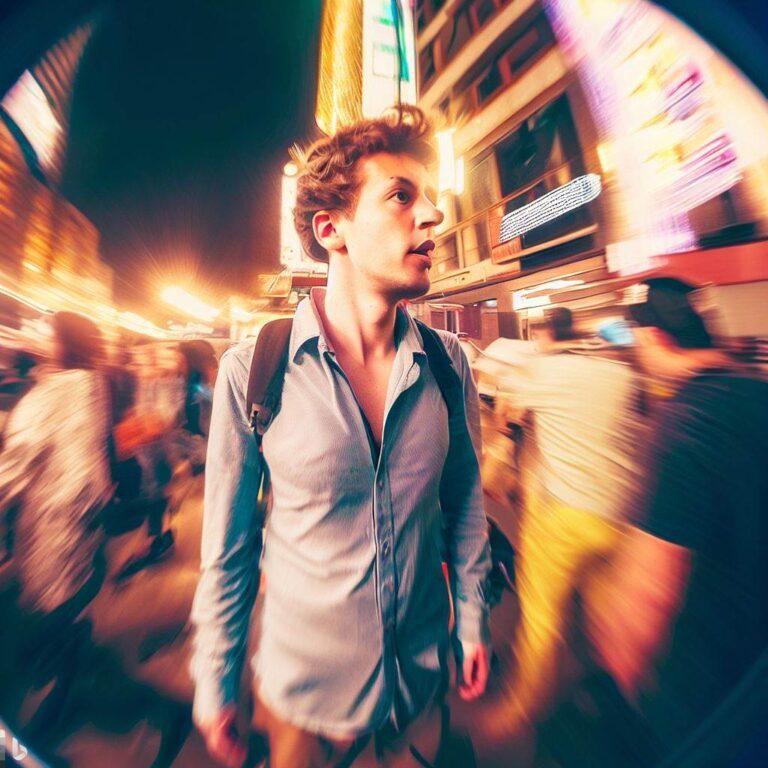 A polyamorous person walking through a crowded street, feeling overwhelmed by the world around them, but finding strength in the knowledge that they are loved and supported, Busy city environment with bright lights and people rushing around, captured with a fish-eye lens to emphasize the chaos, Photography, with a vintage film camera