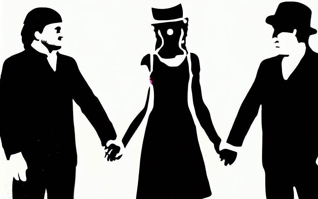 A Metamour standing between two individuals, holding hands with both, their gaze locked in a deep understanding, in the style of banksy