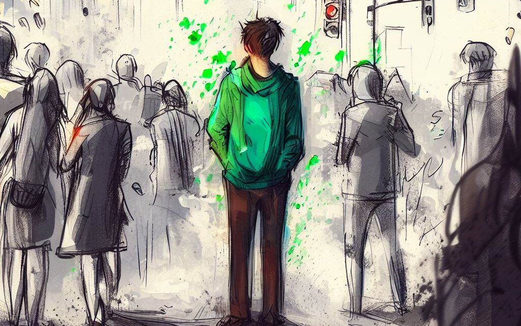 A person standing alone in a crowded street, looking at a group of friends laughing and having a good time, feeling envious of their connection and happiness, the street is busy with cars and people, with buildings towering above, Artwork, sketch on paper with splashes of green