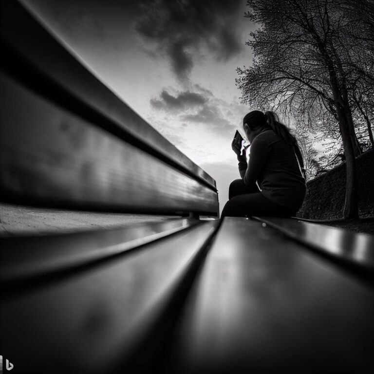 A woman sitting alone on a bench, looking thoughtful, Relationships, break-up, confusion, communication, introspection, Smartphone, Wide-angle lens, Late afternoon, Moody, Black and white