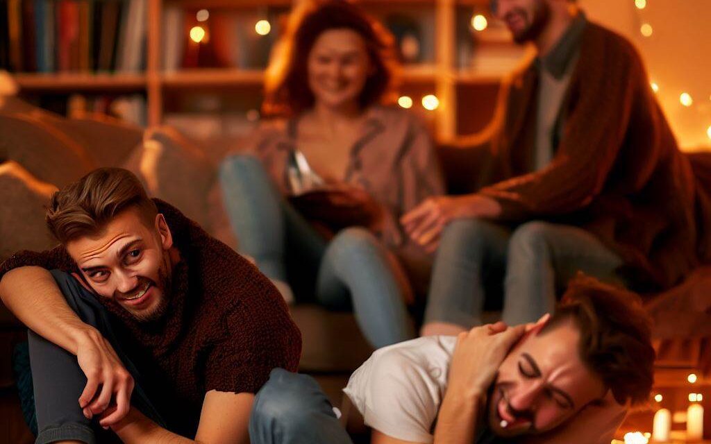 A polyamorous relationship in a cozy living room, one partner in the foreground with a jealous expression while the other partners are cuddled up together in the background, books and board games scattered around the room, warm lighting from a fireplace, Photography, using a 50mm lens