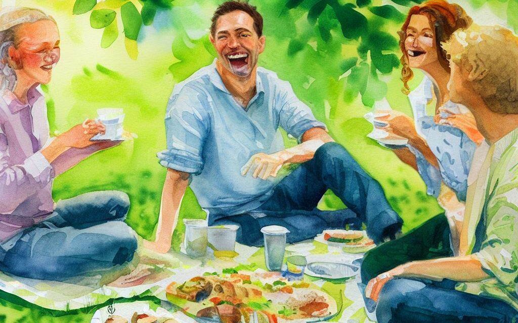 A group of middle-aged polyamorous partners enjoying a picnic in a lush green park, laughing and chatting while sharing food and drinks, with a feeling of community and connection, Artwork, watercolor painting on paper