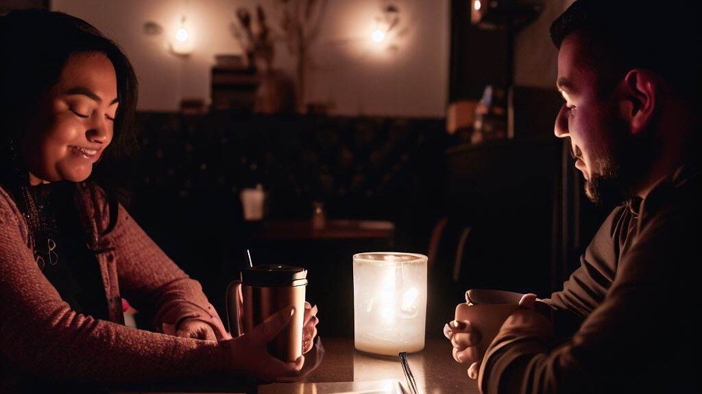 Two individuals sit across from each other at a dimly lit coffee shop, sipping their drinks and engaging in a thoughtful conversation about polyamory. "active listening, empathy, respect"