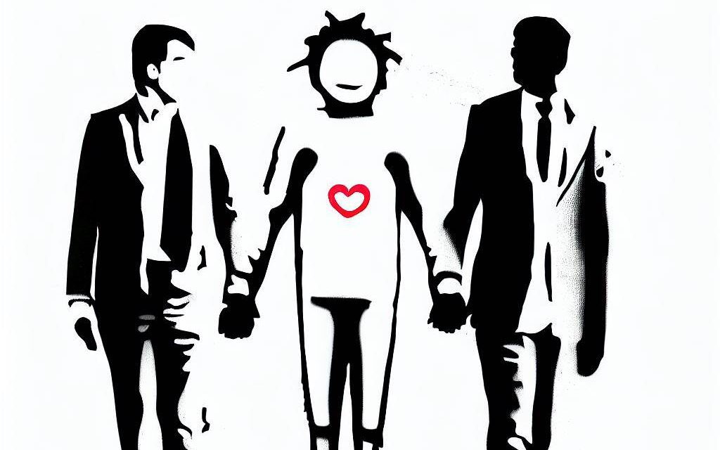 A Metamour standing between two individuals, holding hands with both, their gaze locked in a deep understanding, in the style of banksy