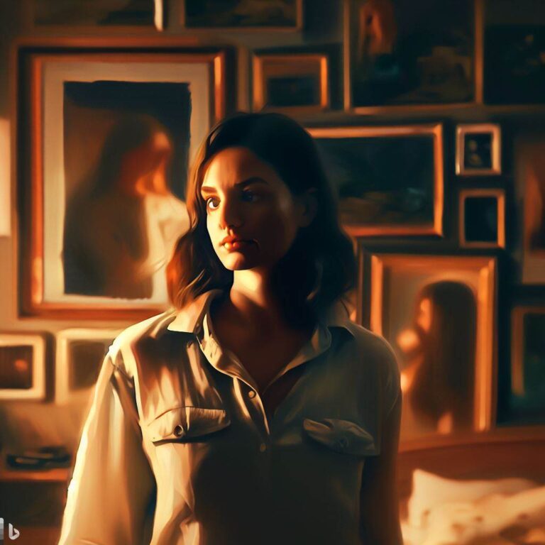 A personstanding in front of a mirror, looking at their reflection with a critical eye, surrounded by their partner's pictures on the wall. The environment is a bedroom, with warm and soft lighting, and a cozy, comfortable atmosphere. The mood is introspective, with a sense of self-doubt and insecurity. The style is an oil painting on canvas, with bold brush strokes and warm colors, capturing the person's facial expression and body language, and the partner's pictures