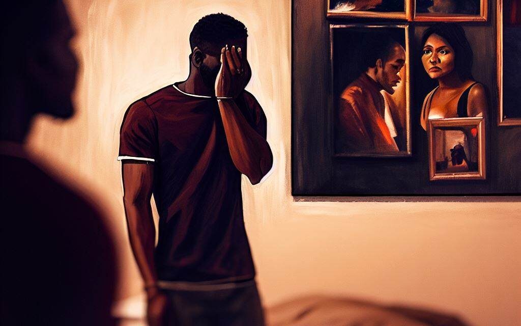 A personstanding in front of a mirror, looking at their reflection with a critical eye, surrounded by their partner's pictures on the wall. The environment is a bedroom, with warm and soft lighting, and a cozy, comfortable atmosphere. The mood is introspective, with a sense of self-doubt and insecurity. The style is an oil painting on canvas, with bold brush strokes and warm colors, capturing the person's facial expression and body language, and the partner's pictures