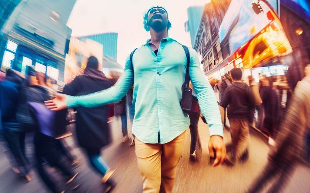 A polyamorous person walking through a crowded street, feeling overwhelmed by the world around them, but finding strength in the knowledge that they are loved and supported, Busy city environment with bright lights and people rushing around, captured with a fish-eye lens to emphasize the chaos, Photography, with a vintage film camera