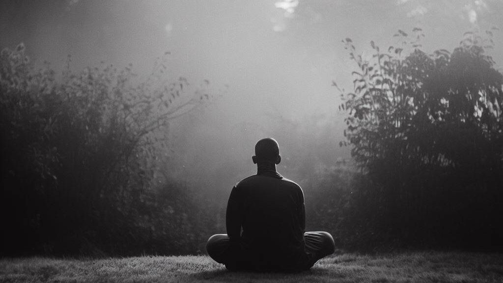 An individual sits alone in a peaceful setting, surrounded by nature, as they contemplate their readiness for a polyamorous relationship. "introspection, contemplation, self-reflection", mirrorless, prime lens, early morning, fine art style, black and white film