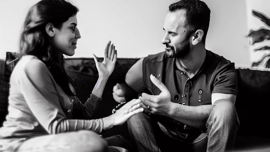 A couple sits together on a couch, discussing their feelings and fears about polyamory in an open and honest conversation. "communication, vulnerability, trust", black and white, candid