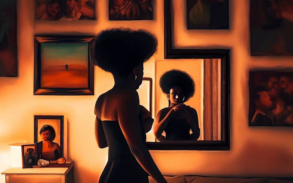 A personstanding in front of a mirror, looking at their reflection with a critical eye, surrounded by their partner's pictures on the wall. The environment is a bedroom, with warm and soft lighting, and a cozy, comfortable atmosphere. The mood is introspective, with a sense of self-doubt and insecurity. The style is an oil painting on canvas, with bold brush strokes and warm colors, capturing the person's facial expression and body language, and the partner's pictures