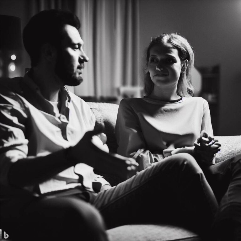 A couple sits together on a couch, discussing their feelings and fears about polyamory in an open and honest conversation. "communication, vulnerability, trust"