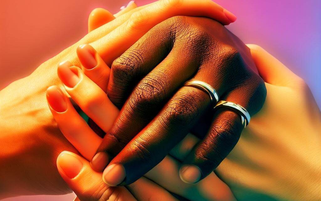 A bright and colorful image of three hands of different skin tones intertwined, all wearing wedding rings