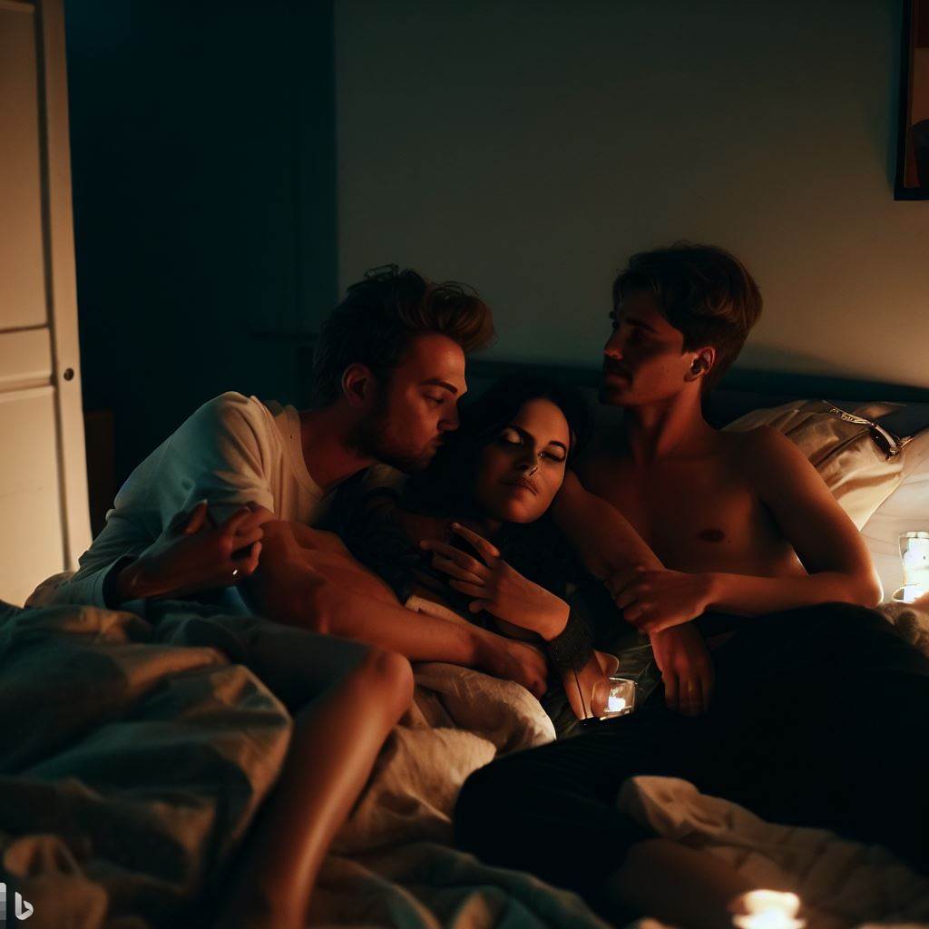 A polyamorous relationship with three partners lying on a bed, one partner snuggled up while the other two kiss, dimly lit bedroom with soft music and scented candles, complex emotions of desire, envy, and acceptance, Photography, mirrorless camera with a 35mm lens