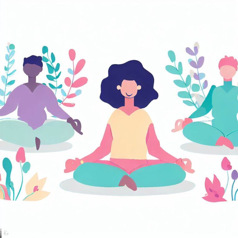 Create an image of a person sitting in a peaceful garden, surrounded by plants and flowers, meditating or practicing yoga, with two or more partners resting nearby, all smiling and content