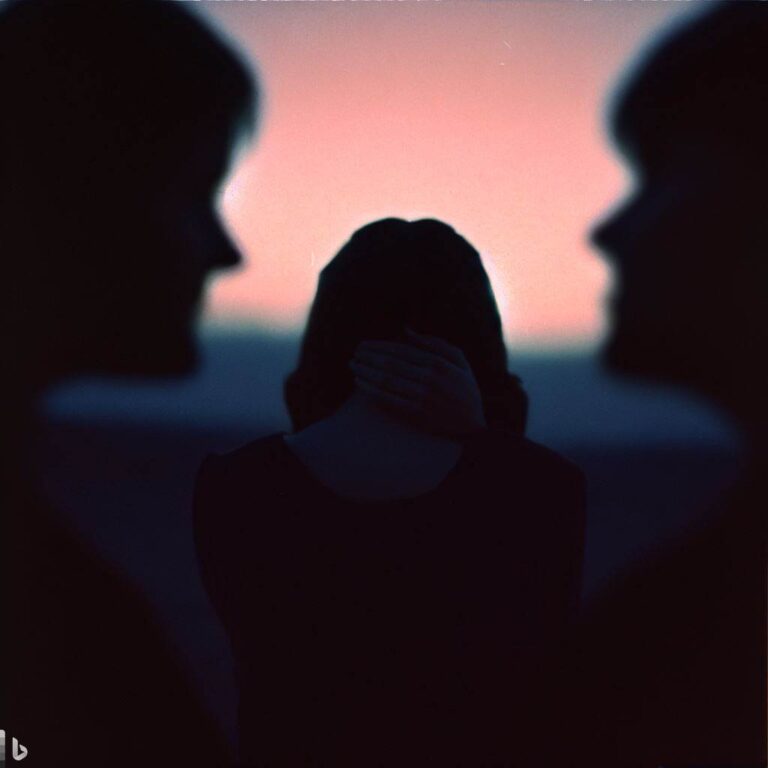 Two people whispering behind a third person in a negative way, Communication, conflict resolution, gossip, relationships, trust, Film camera, Standard lens, Evening, Dramatic, Color