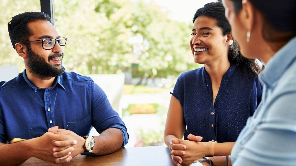 two individuals sitting across from each other at a table, with open and relaxed body language. They are both smiling and nodding as they engage in a calm and respectful conversation.