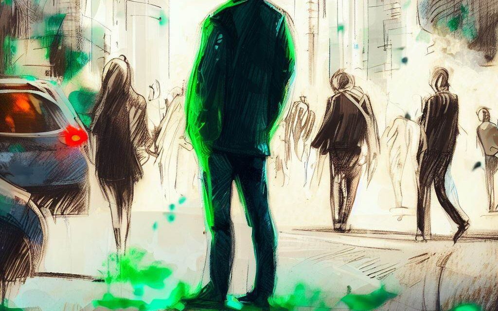 A person standing alone in a crowded street, looking at a group of friends laughing and having a good time, feeling envious of their connection and happiness, the street is busy with cars and people, with buildings towering above, Artwork, sketch on paper with splashes of green