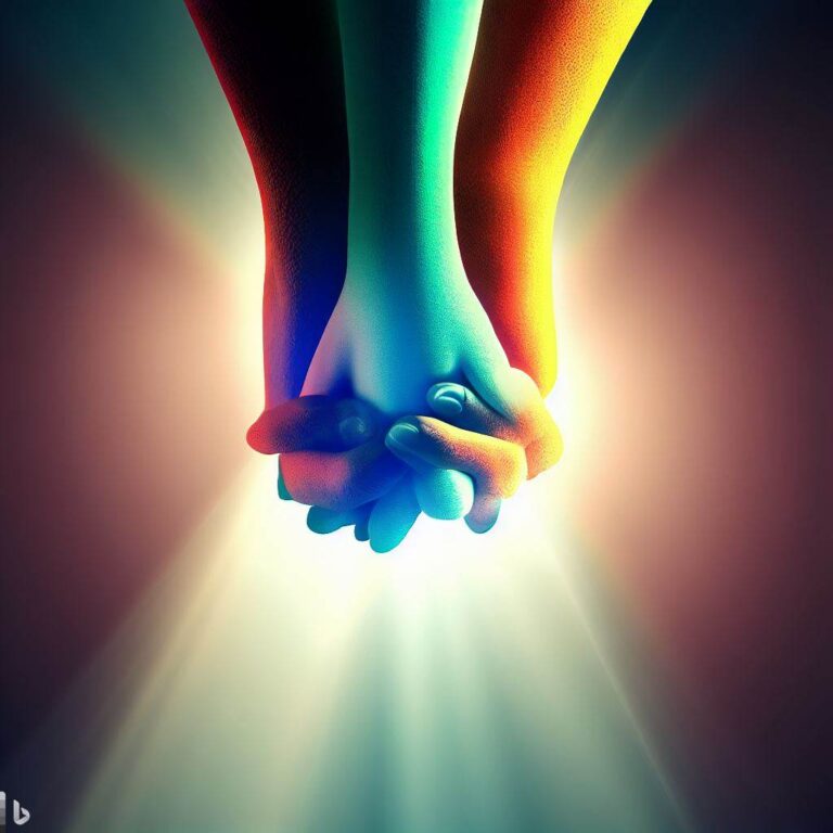 an image of three hands intertwined, each with a different color representing different partners, with a beam of light shining down on them