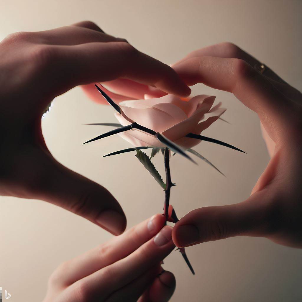 two hands holding a delicate flower with thorns. One hand is gently cradling the flower while the other hand is carefully avoiding the thorns, symbolizing the delicate balance of handling jealousy in a new polyamorous relationship