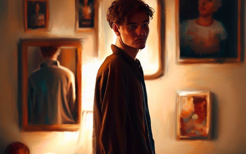 A personstanding in front of a mirror, looking at their reflection with a critical eye, surrounded by their partner's pictures on the wall. The environment is a bedroom, with warm and soft lighting, and a cozy, comfortable atmosphere. The mood is introspective, with a sense of self-doubt and insecurity. The style is an oil painting on canvas, with bold brush strokes and warm colors, capturing the person's facial expression and body language, and the partner's pictures