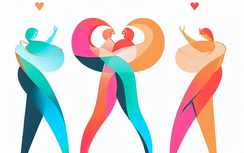 An illustration of 3 people in different poses, each with a different colored heart, overlapping and intersecting.