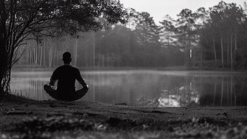 An individual sits alone in a peaceful setting, surrounded by nature, as they contemplate their readiness for a polyamorous relationship. "introspection, contemplation, self-reflection", mirrorless, prime lens, early morning, fine art style, black and white film