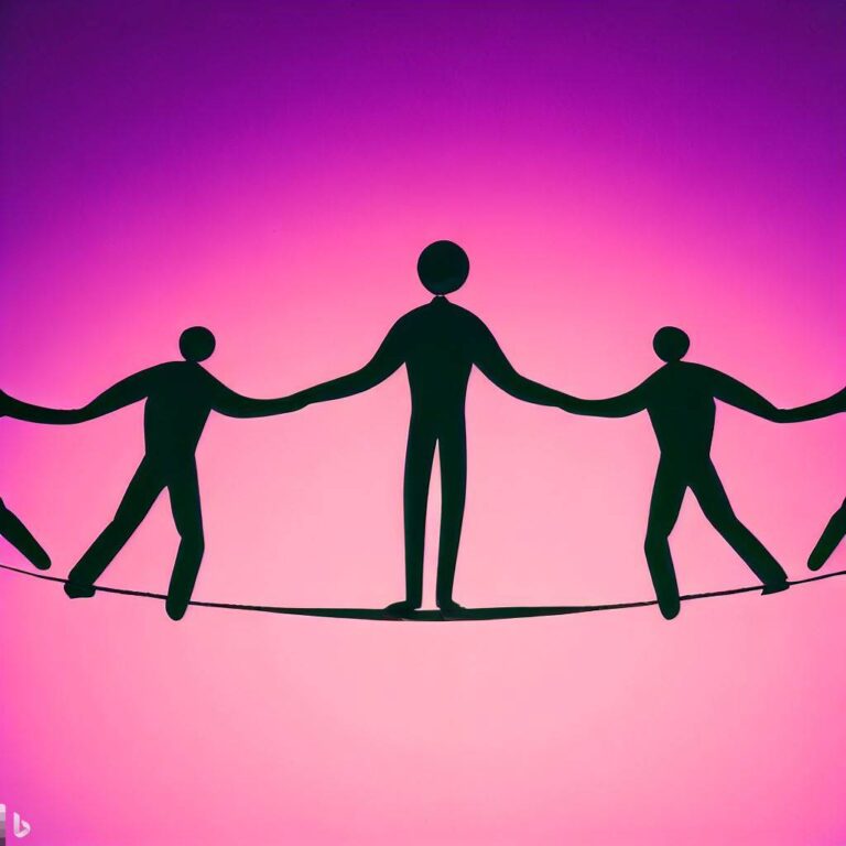 Create an image of a person holding hands with multiple partners while standing on a tightrope, symbolizing the balancing act and trust required in a polyamorous relationship in a monogamous world.