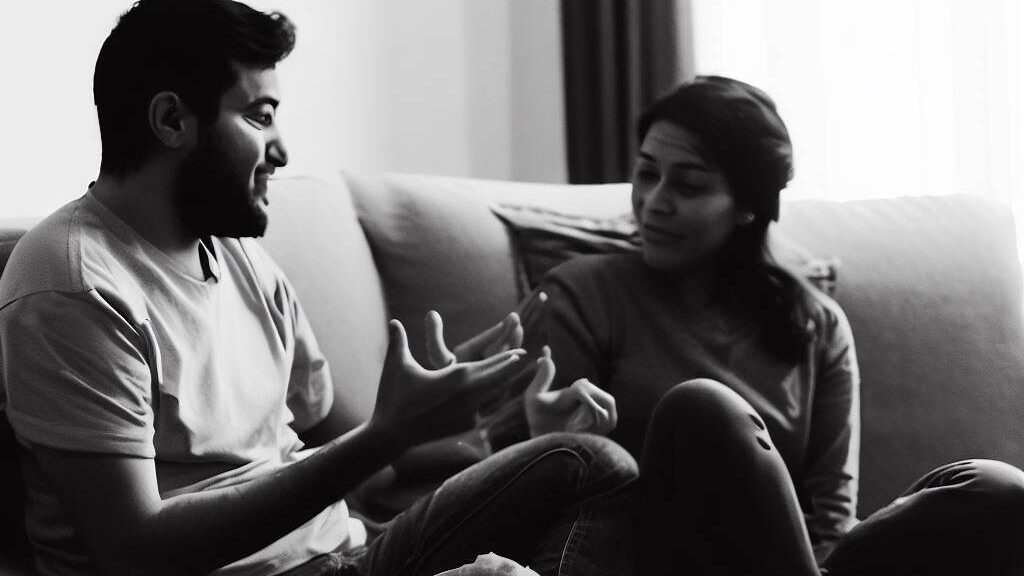 A couple sits together on a couch, discussing their feelings and fears about polyamory in an open and honest conversation. "communication, vulnerability, trust", black and white, candid