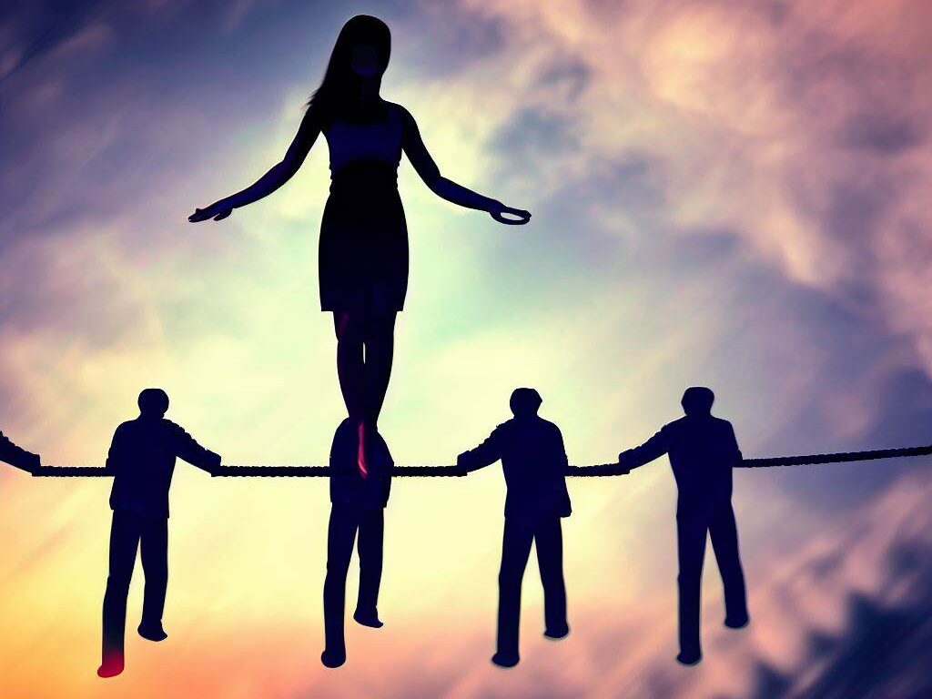 Create an image of a person holding hands with multiple partners while standing on a tightrope, symbolizing the balancing act and trust required in a polyamorous relationship in a monogamous world.