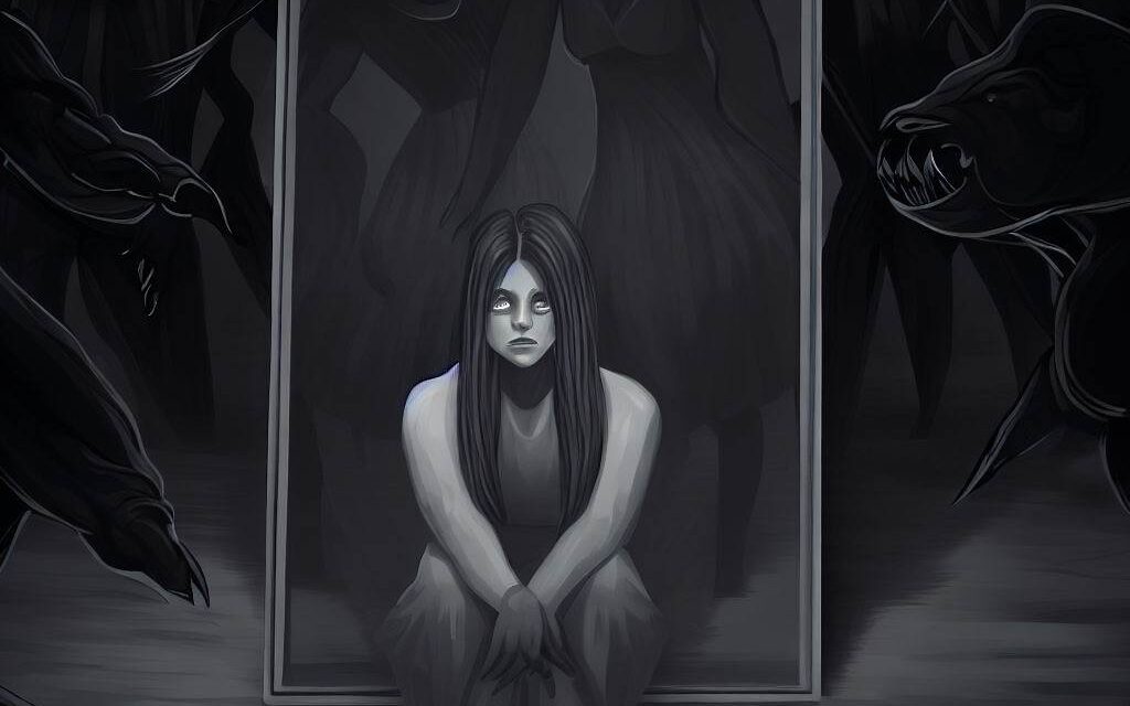 A Polyamorous individual looking at themselves in a mirror, surrounded by negative self-talk and comparison traps, struggling to love themselves fully, with a dark and oppressive atmosphere, Illustration, digital art, using a monochromatic color scheme