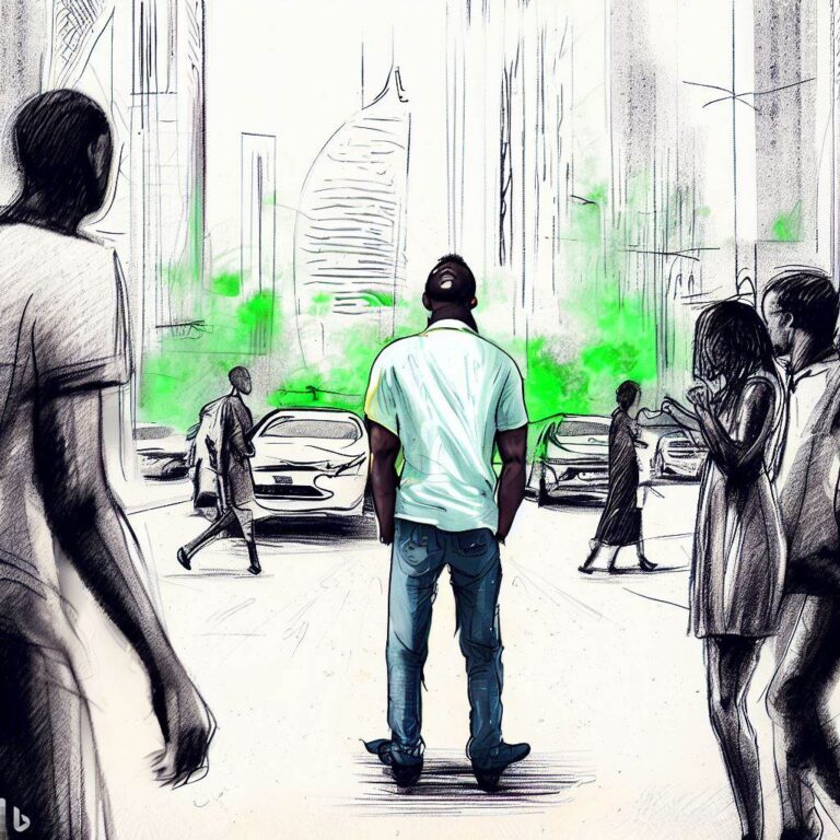 A person standing alone in a crowded street, looking at a group of friends laughing and having a good time, feeling envious of their connection and happiness, the street is busy with cars and people, with buildings towering above, Artwork, sketch on paper with splashes of green