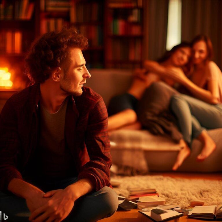 A polyamorous relationship in a cozy living room, one partner in the foreground with a jealous expression while the other partners are cuddled up together in the background, books and board games scattered around the room, warm lighting from a fireplace, Photography, using a 50mm lens
