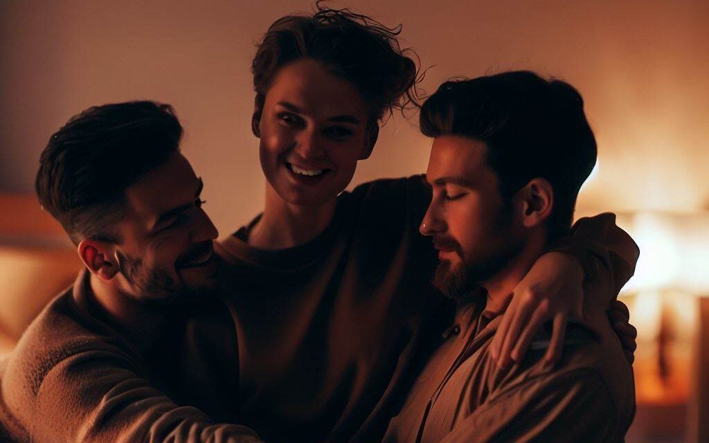 A polyamorous relationship dynamic with three individuals in an intimate embrace, each person's unique physical features highlighted, a cozy bedroom setting with warm lighting and soft bedding, capturing the tenderness and love between them, Photography, using a 50mm lens and natural lighting