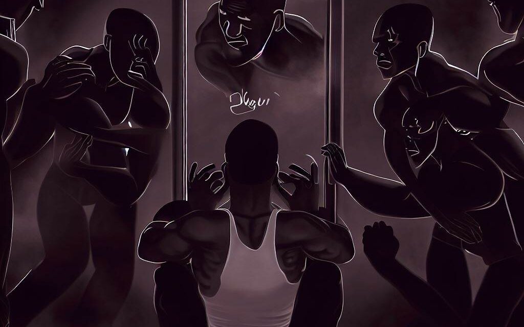 A Polyamorous individual looking at themselves in a mirror, surrounded by negative self-talk and comparison traps, struggling to love themselves fully, with a dark and oppressive atmosphere, Illustration, digital art, using a monochromatic color scheme