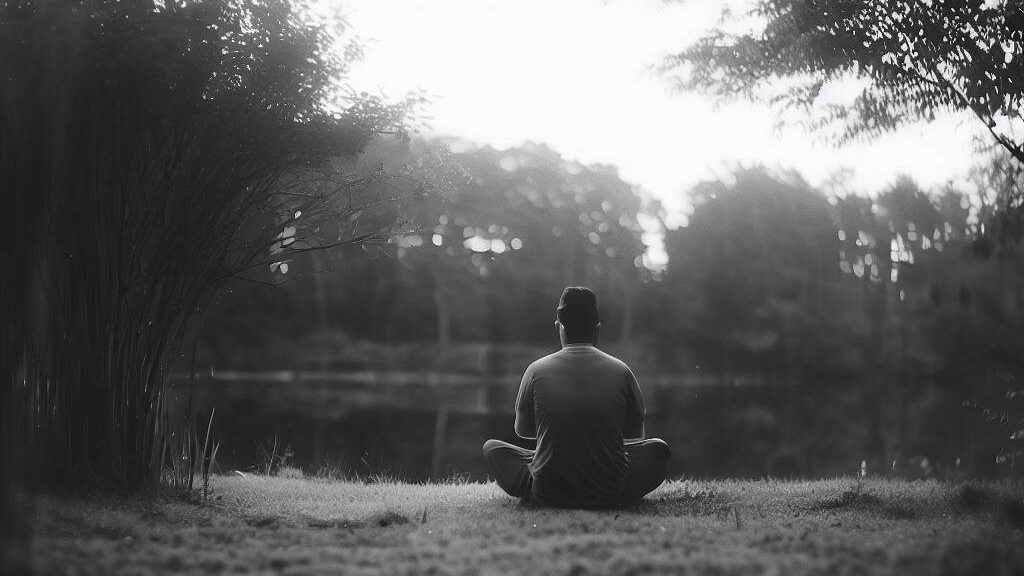 An individual sits alone in a peaceful setting, surrounded by nature, as they contemplate their readiness for a polyamorous relationship. "introspection, contemplation, self-reflection", mirrorless, prime lens, early morning, fine art style, black and white film