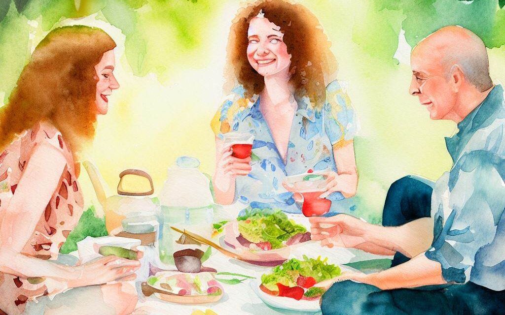 A group of middle-aged polyamorous partners enjoying a picnic in a lush green park, laughing and chatting while sharing food and drinks, with a feeling of community and connection, Artwork, watercolor painting on paper