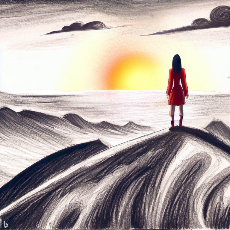 person standing alone on a cliff overlooking a vast and beautiful landscape, feeling conflicted and isolated, the sun setting in the distance, emphasizing the importance of self-discovery and self-love in a polyamorous relationship, Artwork, using pencils and charcoal