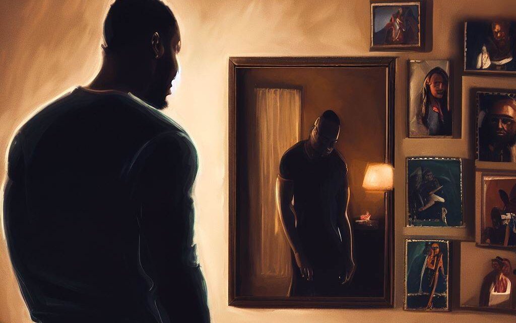 A personstanding in front of a mirror, looking at their reflection with a critical eye, surrounded by their partner's pictures on the wall. The environment is a bedroom, with warm and soft lighting, and a cozy, comfortable atmosphere. The mood is introspective, with a sense of self-doubt and insecurity. The style is an oil painting on canvas, with bold brush strokes and warm colors, capturing the person's facial expression and body language, and the partner's pictures