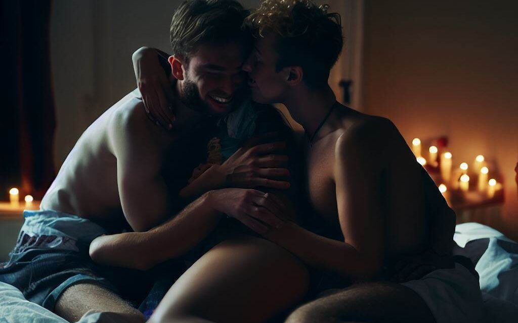 A polyamorous relationship with three partners lying on a bed, one partner snuggled up while the other two kiss, dimly lit bedroom with soft music and scented candles, complex emotions of desire, envy, and acceptance, Photography, mirrorless camera with a 35mm lens