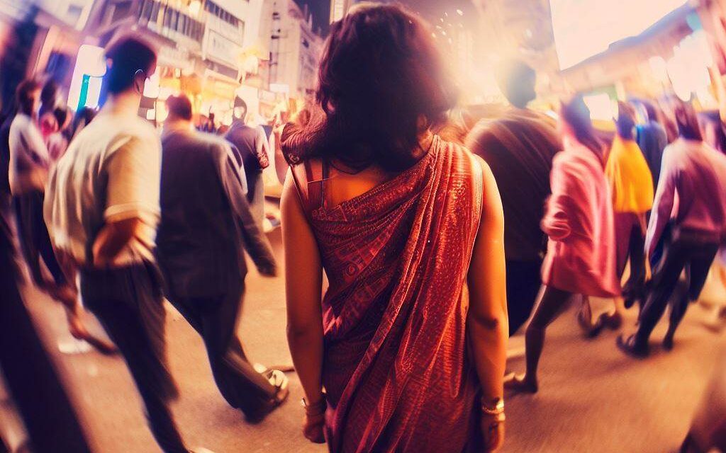 A polyamorous person walking through a crowded street, feeling overwhelmed by the world around them, but finding strength in the knowledge that they are loved and supported, Busy city environment with bright lights and people rushing around, captured with a fish-eye lens to emphasize the chaos, Photography, with a vintage film camera