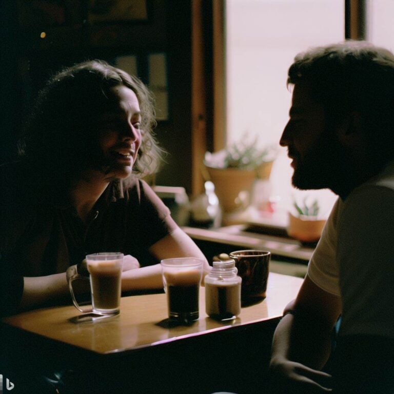 Two individuals sit across from each other at a dimly lit coffee shop, sipping their drinks and engaging in a thoughtful conversation about polyamory. "active listening, empathy, respect"