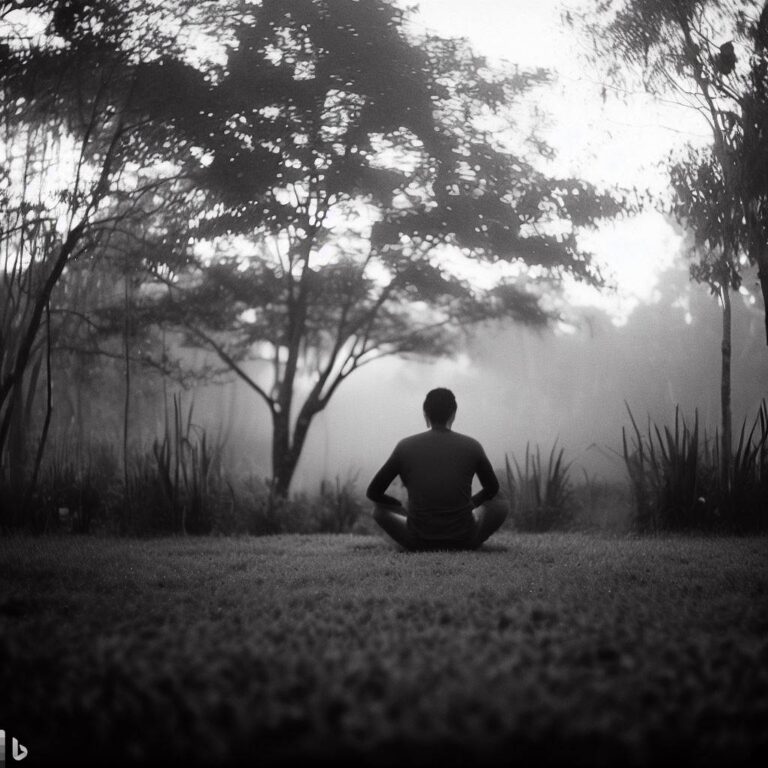 An individual sits alone in a peaceful setting, surrounded by nature, as they contemplate their readiness for a polyamorous relationship. "introspection, contemplation, self-reflection", mirrorless, prime lens, early morning, fine art style, black and white film