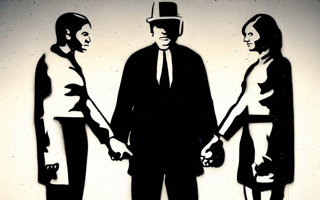 A Metamour standing between two individuals, holding hands with both, their gaze locked in a deep understanding, in the style of banksy