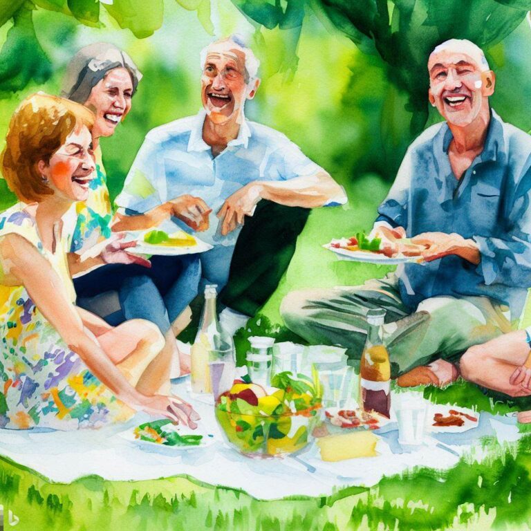 A group of middle-aged polyamorous partners enjoying a picnic in a lush green park, laughing and chatting while sharing food and drinks, with a feeling of community and connection, Artwork, watercolor painting on paper