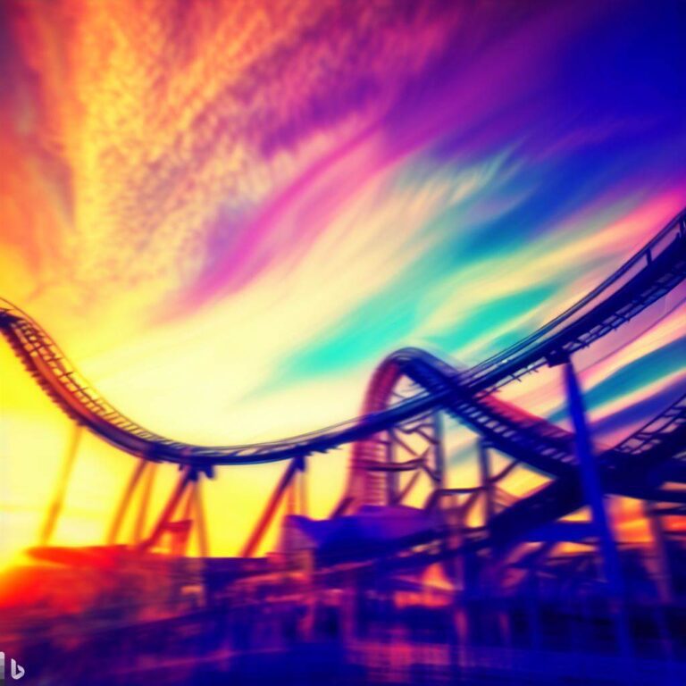 image of a rollercoaster, excitement, passion, thrill, adventure, uncertainty, smartphone camera, wide-angle lens, sunset, vibrant and colorful, digital