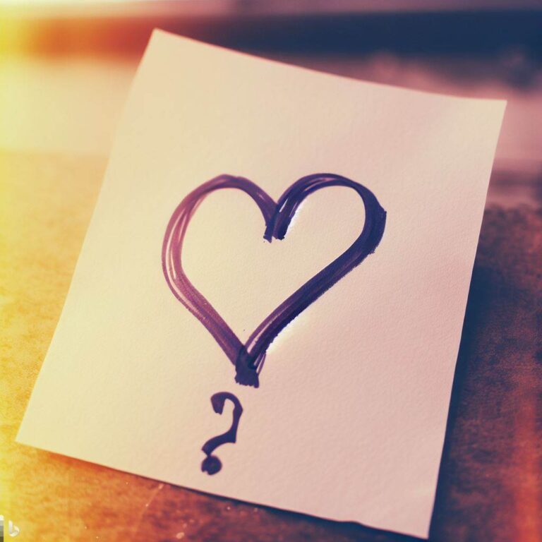 A piece of paper with a heart drawn on it with a question mark, Dating, relationships, uncertainty, communication, anxiety, Polaroid, Instant film, Afternoon, Nostalgic, Color